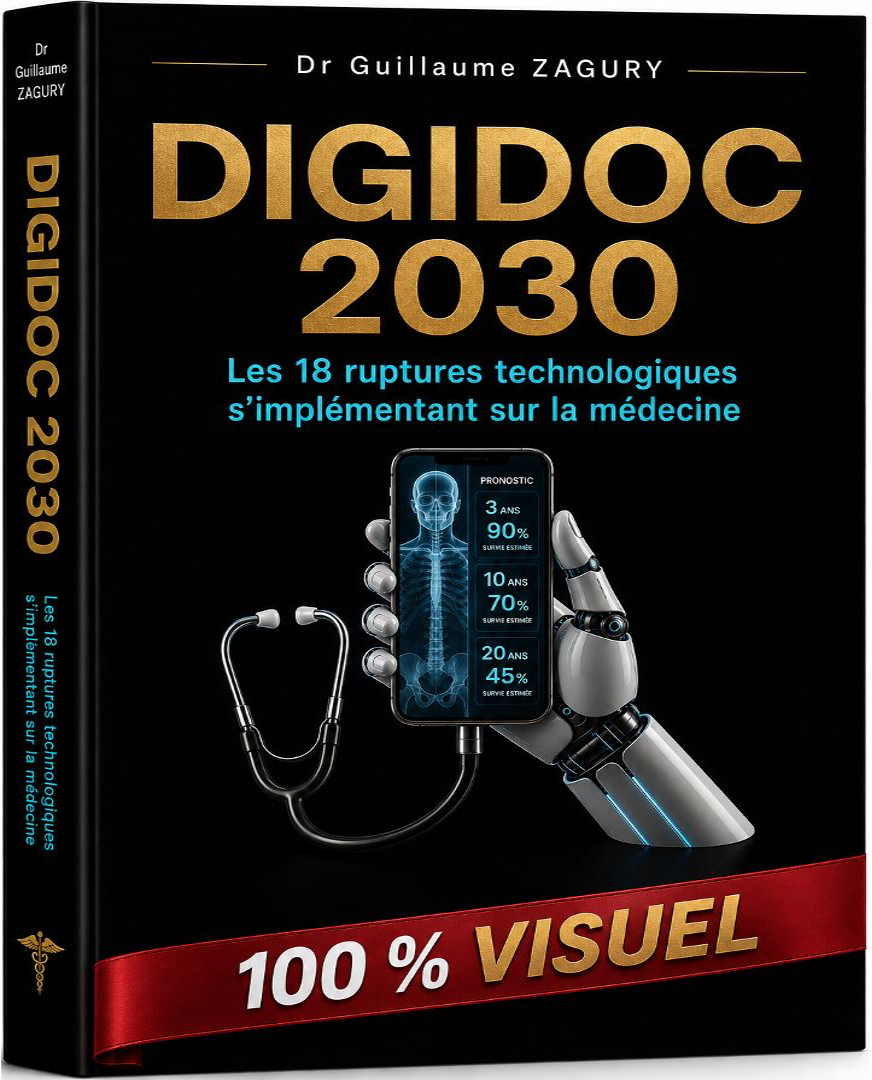 Couverture de Digidoc 2030 — Les 18 ruptures technologiques s'implémentant sur la médecine, par le Dr Guillaume Zagury